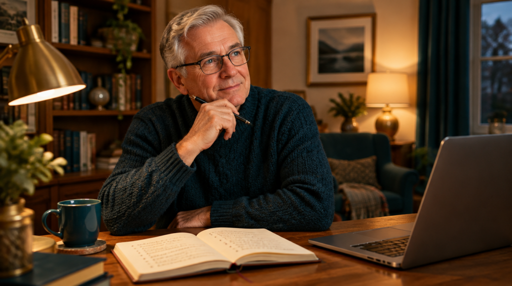 A man in his sixties at a lamp-lit desk in the evening with a notebook of side-hustle ideas and a laptop, deciding which one to try
